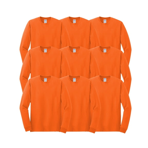 Gildan Men’s Heavy Cotton Hi-Vis Long Sleeve T-Shirt, Crew Neck Workwear, Safety Orange, 9-Pack, L