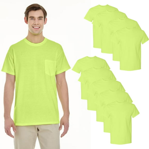 Gildan Men’s Heavy Cotton Hi Vis Pocket T-Shirt, Crew Neck Safety Green Work Tee, 9-Pack, 2XL