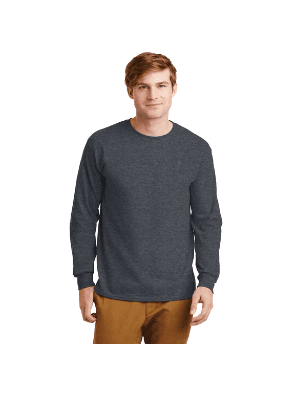 Men's Heavy Cotton Long Sleeve T-Shirt, 50/50 Cotton/Polyester, Adult T-Shirt, Classic fit Tee, Dark Heather, L