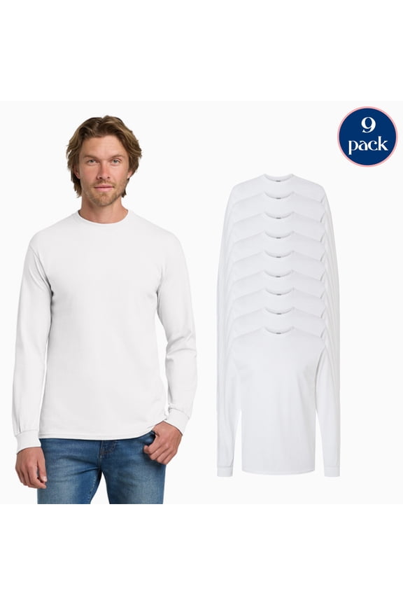 Men's Heavy Cotton Long Sleeve T-Shirt, 9-Pack Comfort Fit Long Sleeve, White Casual Tee, 3XL