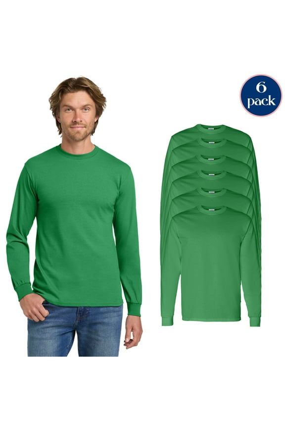 Men's Heavy Cotton Long Sleeve T-Shirt, Breathable Cotton T-Shirt Bundle, Irish Green, Pack 6, 3XL