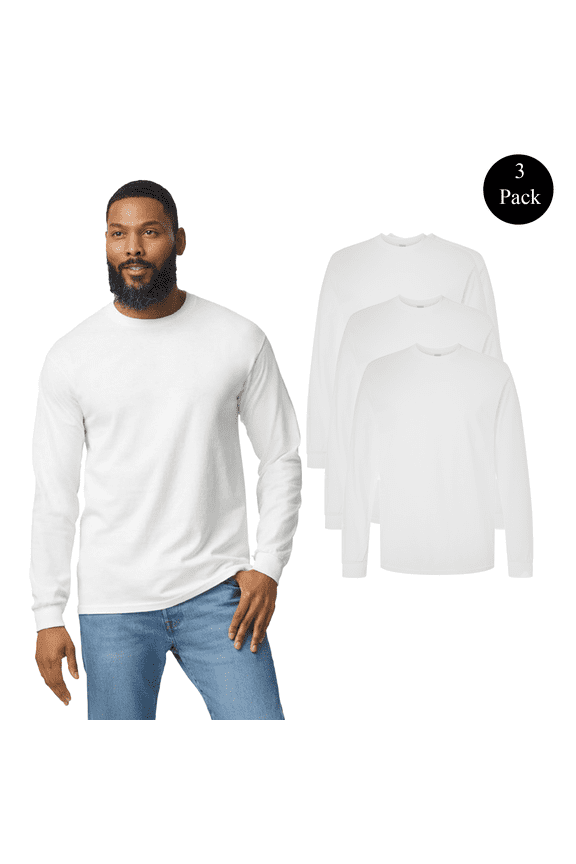 Men's Heavy Cotton Long Sleeve T-Shirt, Classic Fit Crew Neck Tee, White Color, S, 3 Pack