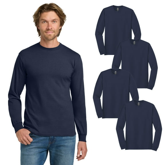 Gildan Men’s Heavy Cotton Long Sleeve T-Shirt, Classic Fit Crewneck, Soft Durable, Navy, 4-Pack, L