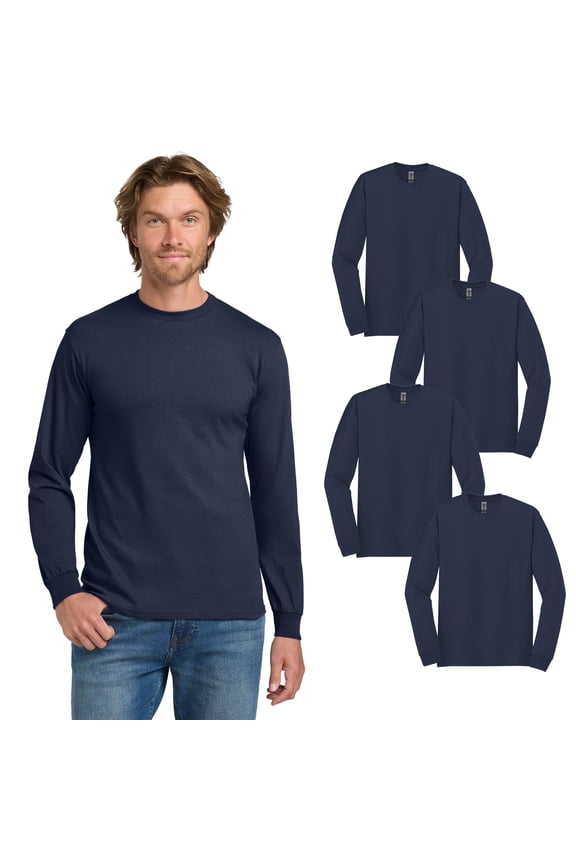 Men’s Heavy Cotton Long Sleeve T-Shirt, Classic Fit Crewneck, Soft Durable, Navy, 4-Pack, M