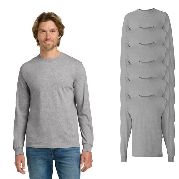 Gildan Men’s Heavy Cotton Long Sleeve T-Shirt, Comfortable Crew Neck Tee, Sport Grey, 2XL, 6-Pack