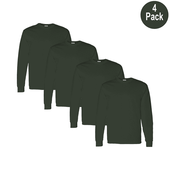 Gildan Men's Heavy Cotton Long Sleeve T-Shirt, Crew Neck Classic Fit Bulk Tee, Forest, 2XL, 4 Pack