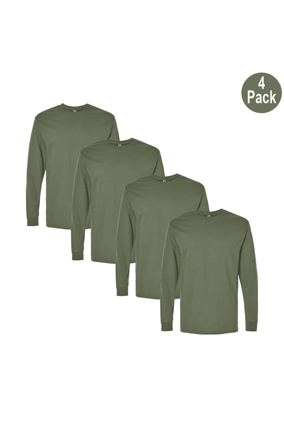 Men's Heavy Cotton Long Sleeve T-Shirt, Crew Neck Classic Fit Military Green Tee, M, 4 Pack