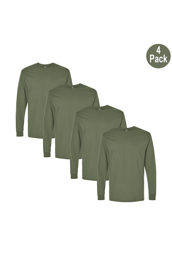 Men's Heavy Cotton Long Sleeve T-Shirt, Crew Neck Classic Fit Military Green Tee, XL, 4 Pack