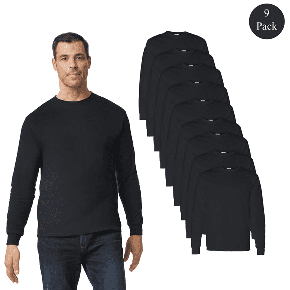 Gildan Men's Heavy Cotton Long Sleeve T-Shirt, Crew Neck Classic Fit Tee, Black Color, M, 9 Pack