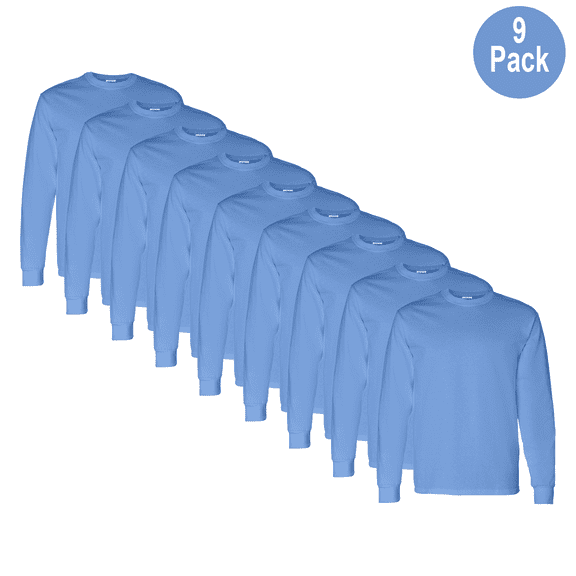 Gildan Men's Heavy Cotton Long Sleeve T-Shirt, Crew Neck Classic Fit Tee, Carolina Blue, XL, 9 Pack