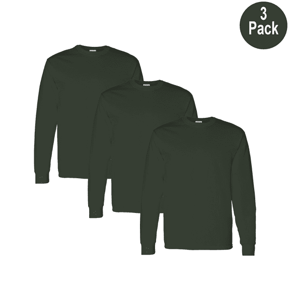 Gildan Men's Heavy Cotton Long Sleeve T-Shirt, Crew Neck Classic Fit Tee, Forest, Size L, 3 Pack