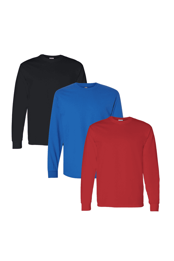 Men's Heavy Cotton Long Sleeve T-Shirt, Crew Neck Comfortable Assorted Color Tee, 3 Pack, M
