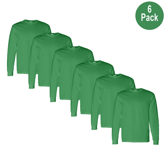 Gildan Men's Heavy Cotton Long Sleeve T-Shirt, Crew Neck Comfortable Tee, Irish Green, XL, 6 Pack