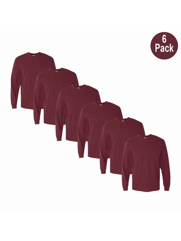 Men's Heavy Cotton Long Sleeve T-Shirt, Crew Neck, Durable Classic Tee, Maroon, 2XL, 6 Pack