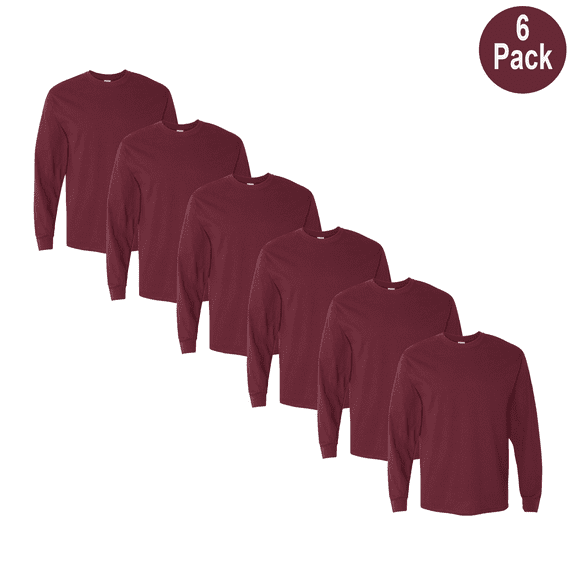 Gildan Men's Heavy Cotton Long Sleeve T-Shirt, Crew Neck, Durable Classic Tee, Maroon, S, 6 Pack