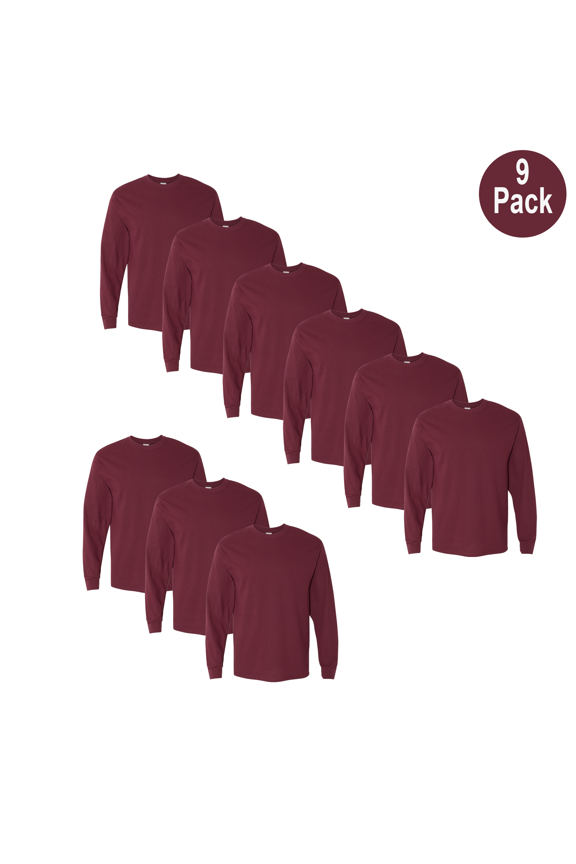 Men's Heavy Cotton Long Sleeve T-Shirt, Crew Neck Durable Maroon Color Bulk Tee, S, 9 Pack
