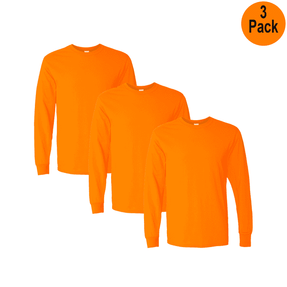 Gildan Men's Heavy Cotton Long Sleeve T-Shirt, Crew Neck Hi-Vis Safety Orange Work Tee, 3 Pack, L
