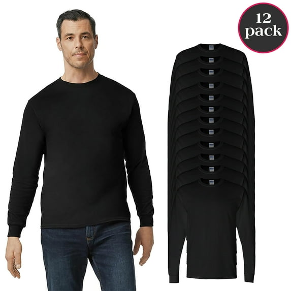 Gildan Men's Heavy Cotton Long Sleeve T-Shirt, Crewneck Black Shirts, 12-Pack, Casual Tee, S