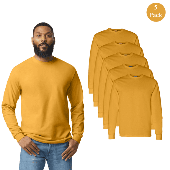 Gildan Men's Heavy Cotton Long Sleeve T-Shirt, Crewneck Gold Shirts, 5-Pack, Casual T-Shirt, L