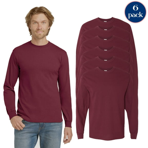 Gildan Men’s Heavy Cotton Long Sleeve T-Shirt, Crewneck Rib cuffs US Cotton Maroon Tee, Pack 6, 3XL