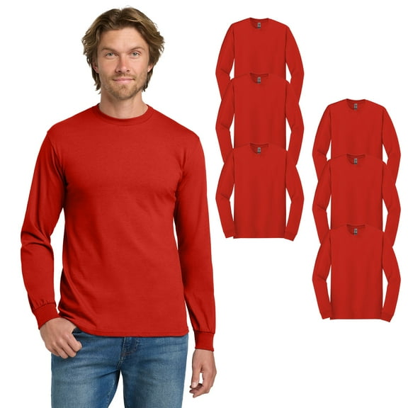 Gildan Men's Heavy Cotton Long Sleeve T-Shirt, Durable Crew Neck Classic Fit Tee, Red, 6-Pack, L