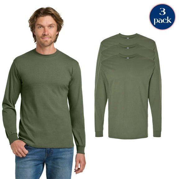 Gildan Men's Heavy Cotton Long Sleeve T-Shirt, Every wear Military Green T-Shirt, 3-Pack Tee, M