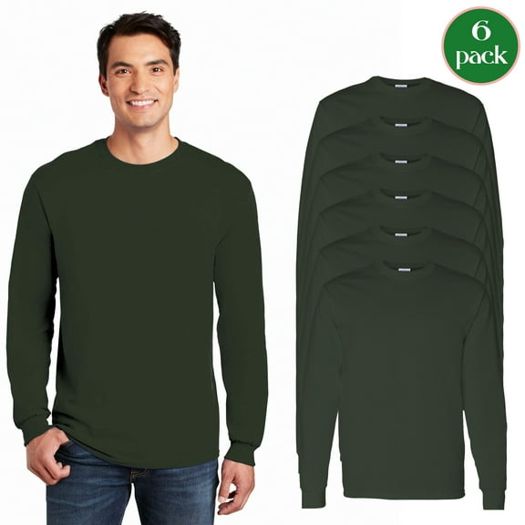 Gildan Men's Heavy Cotton Long Sleeve T-Shirt, Everyday Wear, Lightweight 6 Pack T Shirts, Forest, 3XL