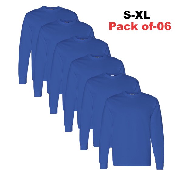 Gildan Men's Heavy Cotton Long Sleeve T-Shirt -GR54 Fitted Crew Neck Long Tee, (Royal, 6 Pack, L)