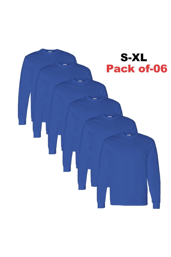 Men's Heavy Cotton Long Sleeve T-Shirt -GR54 Fitted Crew Neck Long Tee, (Royal, 6 Pack, L)