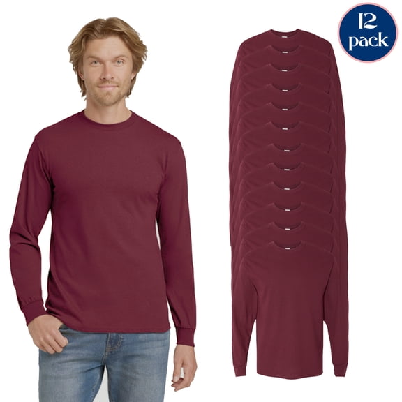 Gildan Men's Heavy Cotton Long Sleeve T-Shirt, Maroon Crewneck Tee, 12-Pack Casual T-Shirt, M