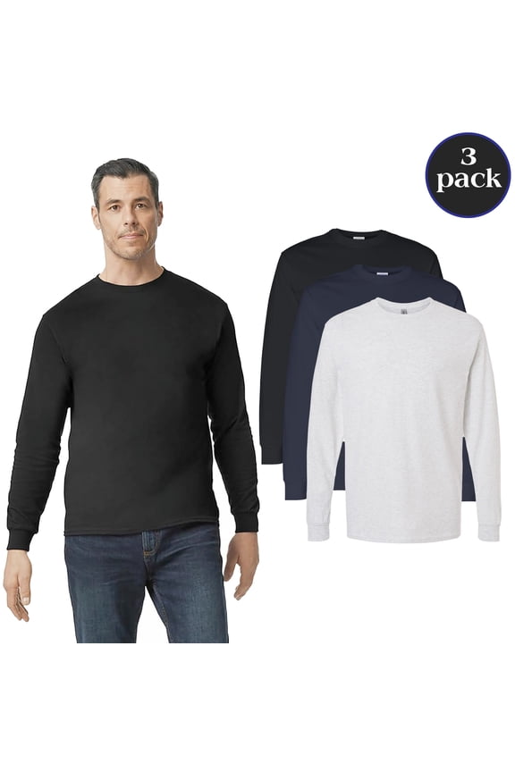 Men's Heavy Cotton Long Sleeve T-Shirt, Mix Color Casual T-Shirt, 3-Pack Everyday Wear Tee, L