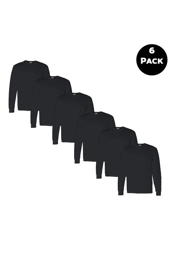 Men's Heavy Cotton Long Sleeve T-Shirt, Moisture-wicking Crew Neck Tee, BLACK, 6-Pack, L