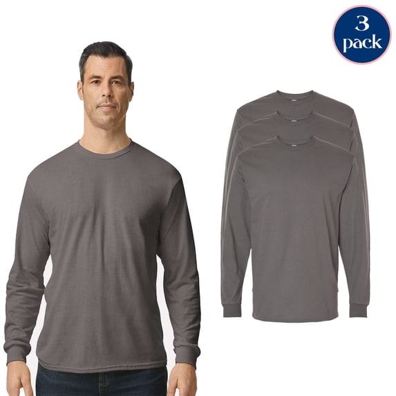Gildan Men’s Heavy Cotton Long Sleeve T-Shirt, Ribbed Collar and Cuffs Charcoal Tee, 3 Pack, S