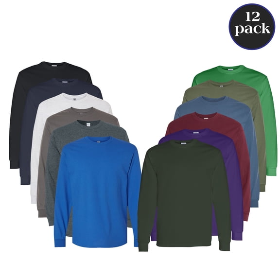 Gildan Men’s Heavy Cotton Long Sleeve T-Shirt, Ribbed Collar and Cuffs Multicolor Tee, Bulk 12 Pack, XL