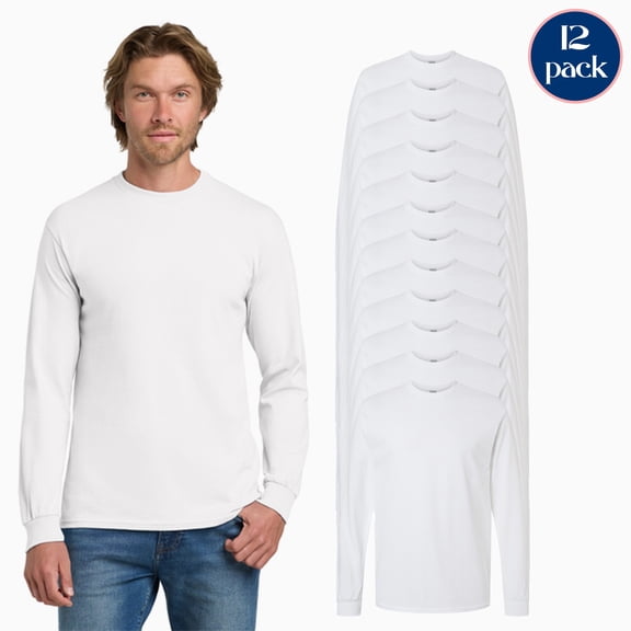 Gildan Men’s Heavy Cotton Long Sleeve T-Shirt, Ribbed Collar and Cuffs White Tee, 12 Pack, S