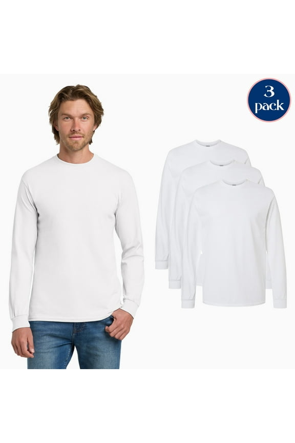 Men’s Heavy Cotton Long Sleeve T-Shirt, Ribbed Collar and Cuffs White Tee, 3 Pack, S