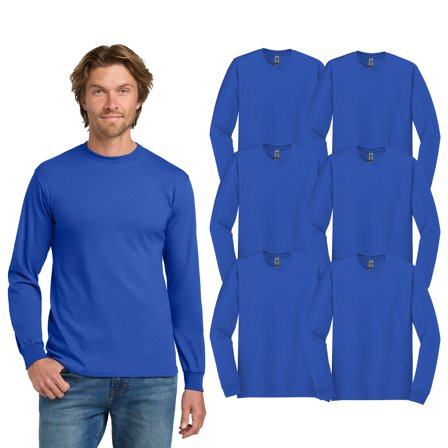 Gildan Men's Heavy Cotton Long Sleeve T-Shirt, Royal, 6-Pack, S, Classic Fit, Crew Neck, 100 Cotton