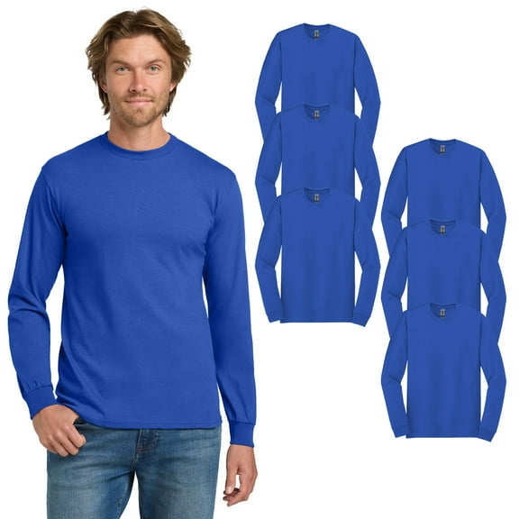 Gildan Men's Heavy Cotton Long Sleeve T-Shirt, Royal, Crew Neck Classic Fit 100% Cotton, 6-Pack, L