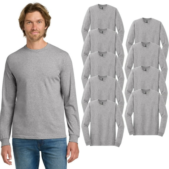 Gildan Men's Heavy Cotton Long Sleeve T-Shirt, Sport Grey, Soft Classic Fit Crew Neck, 9-Pack, S