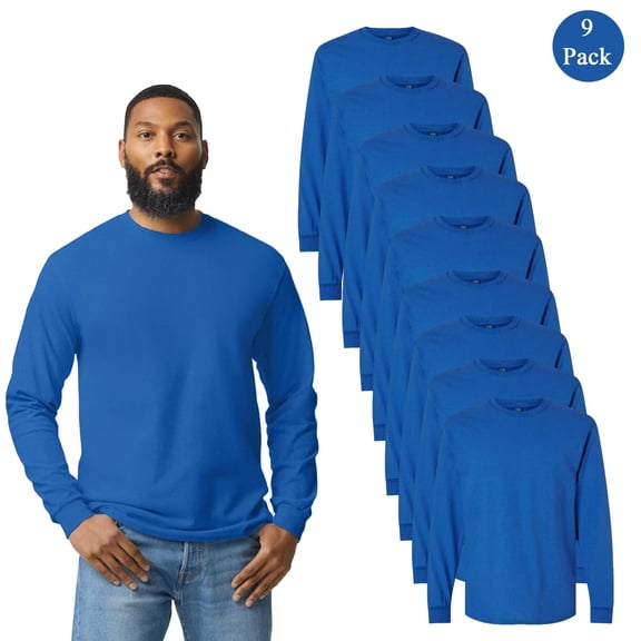 Gildan Men's Heavy Cotton Long Sleeve Tee, Comfort Fit Everyday Wear Royal T-Shirt, 9-Pack, M