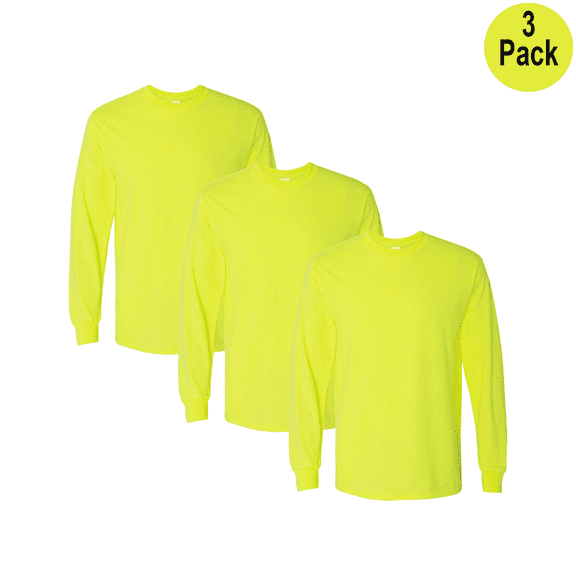 Gildan Men's Heavy Cotton Long Sleeve Work T-Shirt, Hi Vis Crew Neck Tee, Safety Green, 3 Pack, XL