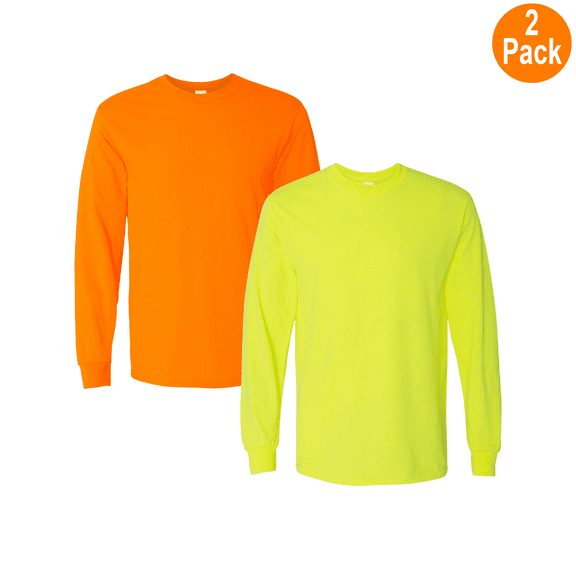 Gildan Men's Heavy Cotton Long Sleeve Workwear T-Shirt, Hi Vis, Safety Green and Orange, 2 Pack, 3XL