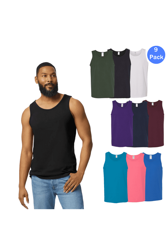 Men's Heavy Cotton Multicolor Undershirt Tank Top, Works Sleeveless T-Shirt, Pack 9, 2XL