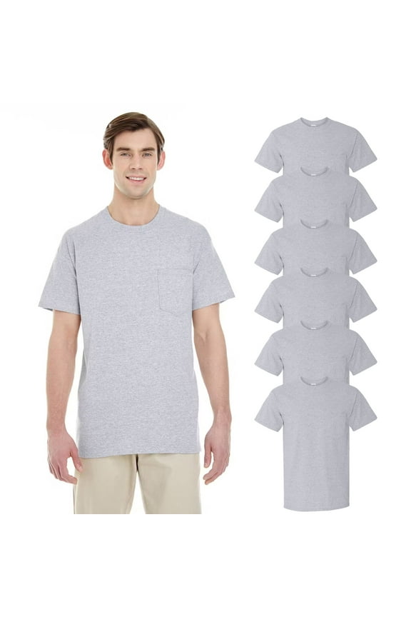 Men's Heavy Cotton Pocket T-Shirt, Short Sleeve, Sport Grey Tee, 6-Pack, Size-M