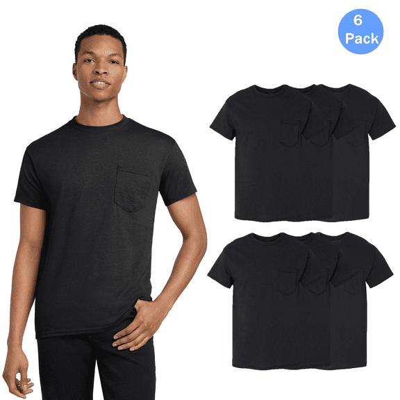 Gildan Men’s Heavy Cotton Short Sleeve Pocket T-Shirt, Black Casual Taped Neck Tee, Pack of 6, L