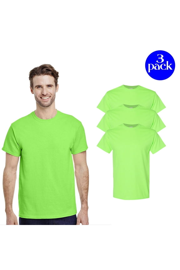 Men's Heavy Cotton Short Sleeve T-Shirt, Hi Vis Workwear Neon Green Tee, Pack of 3, L