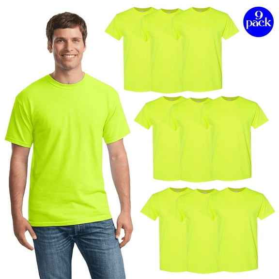 Gildan Men's Heavy Cotton Short Sleeve T-Shirt, Hi Vis Workwear Safety Green Tee, Pack of 9, S