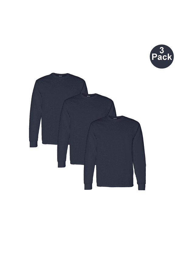 Men's Heavy Cotton T-Shirt, Long Sleeve Crew Neck Comfortable Navy Color Tee, 2XL, 3 Pack