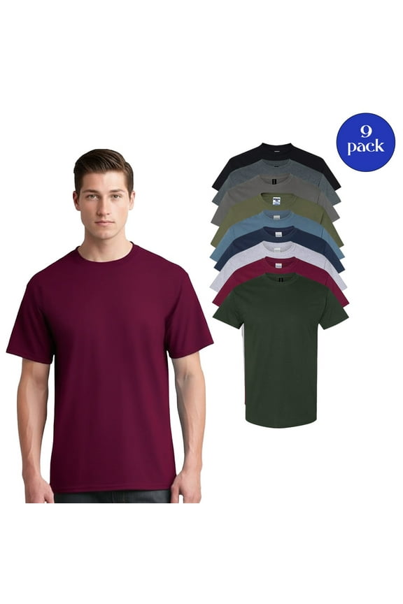 Men's Heavy Cotton T-Shirts, Bulk Plain Short Sleeve Tee, Dark Colors, 9-Pack, M