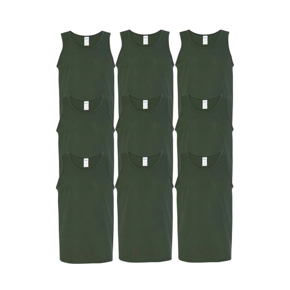 Gildan Men's Heavy Cotton Tank Top, Crew Neck, Soft Cotton, Classic Fit, Forest Green, 9-Pack, L